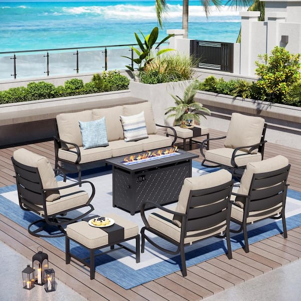 PHI VILLA Metal 9 Seat 8-Piece Outdoor Patio Conversation Set with Beige Cushions, Swivel Chairs, Rectangular Fire Pit Table