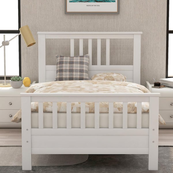 White Twin Wood Platform Bed with Headboard and Footboard