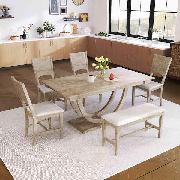 6-Piece Modern Natural Wood Top Dining Room Set Seats 5
