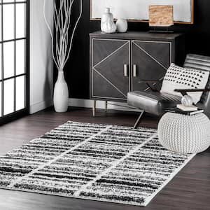 Celyn Distressed Stripes Cozy Shag Black and White 5 ft. 3 in. x 7 ft. 7 in. Indoor Area Rug