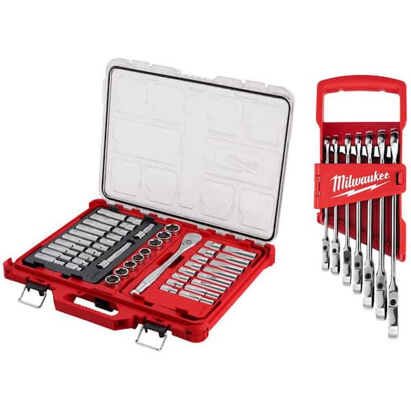 1/2 in. Drive SAE/Metric Ratchet & Socket Tool Set w/ FlexHead Ratcheting Combination Wrench Set SAE (54-Piece)