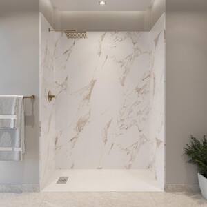 60 in. L x 32 in. W x 84 in. H Solid Composite Stone Shower Kit with Caramel Walls and L/R White Slate Shower Pan Base