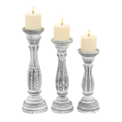 White Wood Traditional Candle Holder (Set of 3)