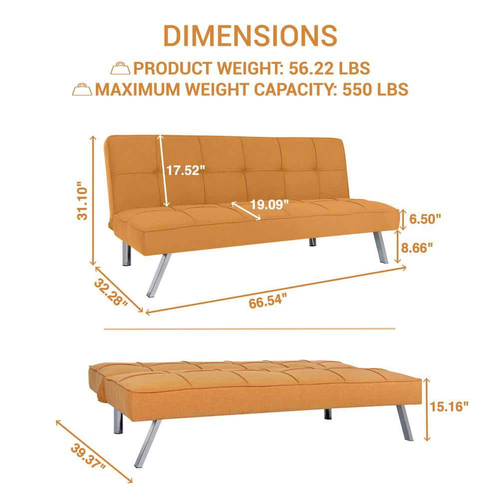 Tangerine Linen Twin Sleeper Futon with Metal Legs