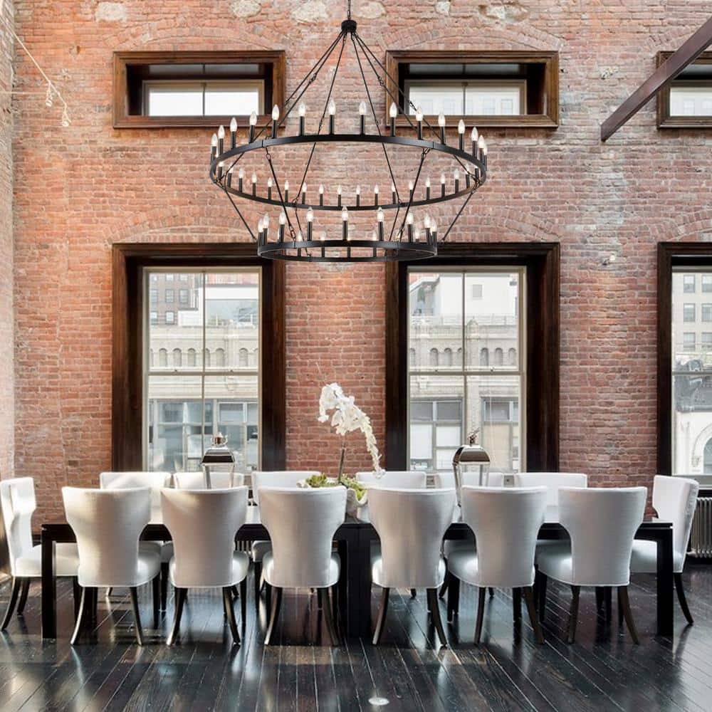 60-Inch Matte Black 2-Tier Wagon Wheel Chandelier with 54 Candle Lights