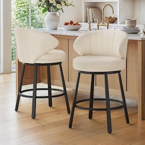 Mattis 26 in. Beige Linen Fabric Metal Frame Upholstered Counter Height Swivel Bar Stools w/ Curved Low Back (Set of 2)