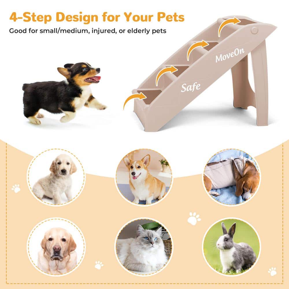 Beige Foldable 4-Step Dog Stairs with Non-Slip Pads