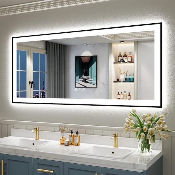 60 in. W x 28 in. H Rectangular Framed Front and Back LED Lighted Anti-Fog Wall Bathroom Vanity Mirror in Tempered Glass