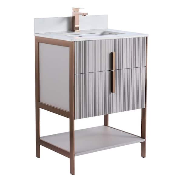 FINE FIXTURES 24 in. W x 18 in. D x 33.5 in. H Bright Taupe Bath Vanity with White Sintered Stone Top with Rose Gold Hardware