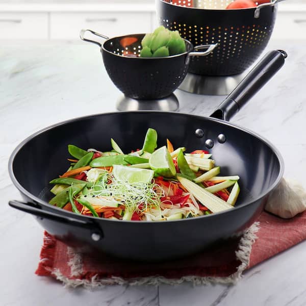Gibson Home Debossed 13 in. Heavy Gauge Carbon Steel Wok in Black