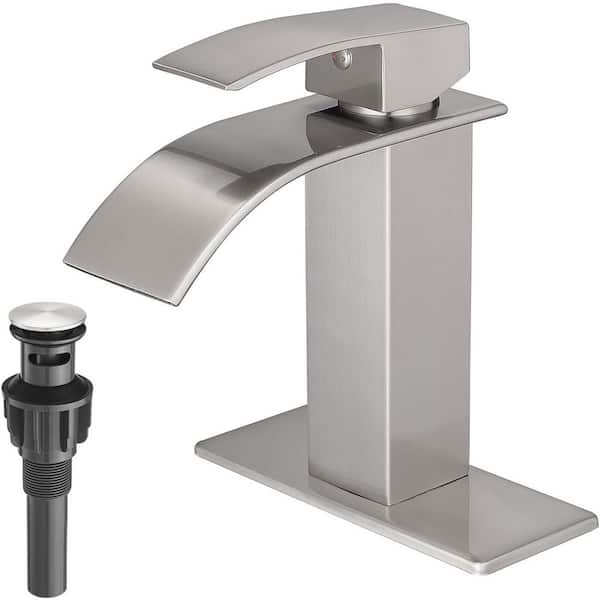 Single Handle Waterfall Spout Single Hole Bathroom Sink Faucet with Pop-up Drain and Touch on in Brushed Nickel
