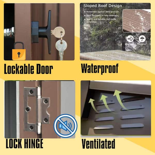 6 ft. W x 4 ft. D Outdoor Metal Shed Waterproof Tool Storage House with Lockable Double Door, Brown (24 sq. ft.)