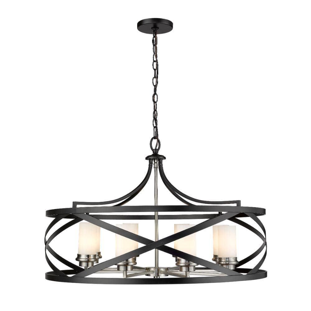8-Light Matte Black and Brushed Nickel Pendant with White Glass Shade
