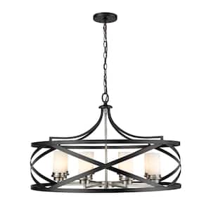 8-Light Matte Black and Brushed Nickel Pendant with White Glass Shade