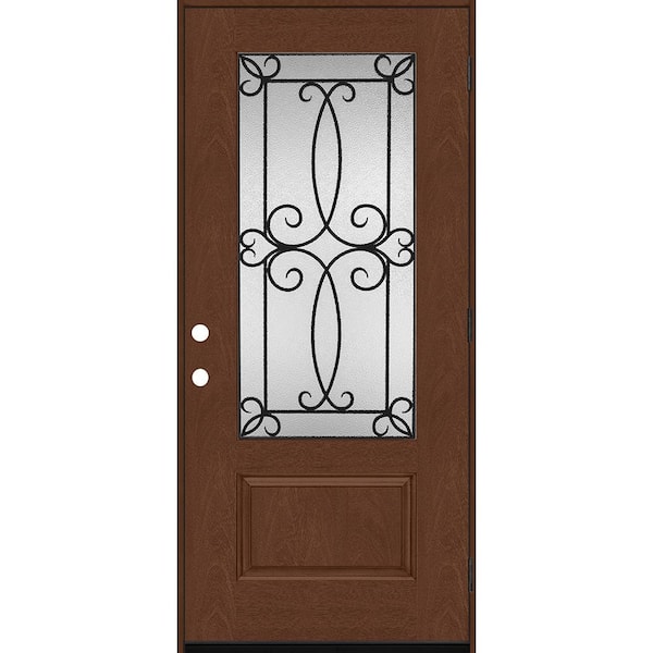 Steves & Sons Regency 36 in. x 80 in. 3/4-Lite Georgian Decor Glass LHOS Chestnut Stain Mahogany Fiberglass Prehung Front Door