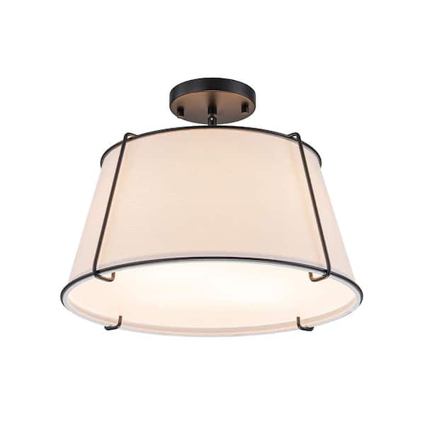 HUOKU Haven 16.9 in. 4-Light Matte Black Farmhouse Semi-Flush Mount with White Fabric Shade Drum Ceiling Light for Hallway