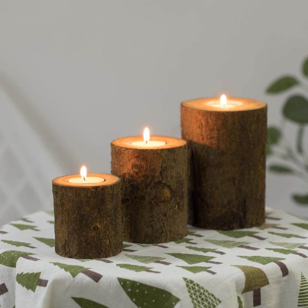 Rustic Bark Wooden Tea Light Candle Holder Trio