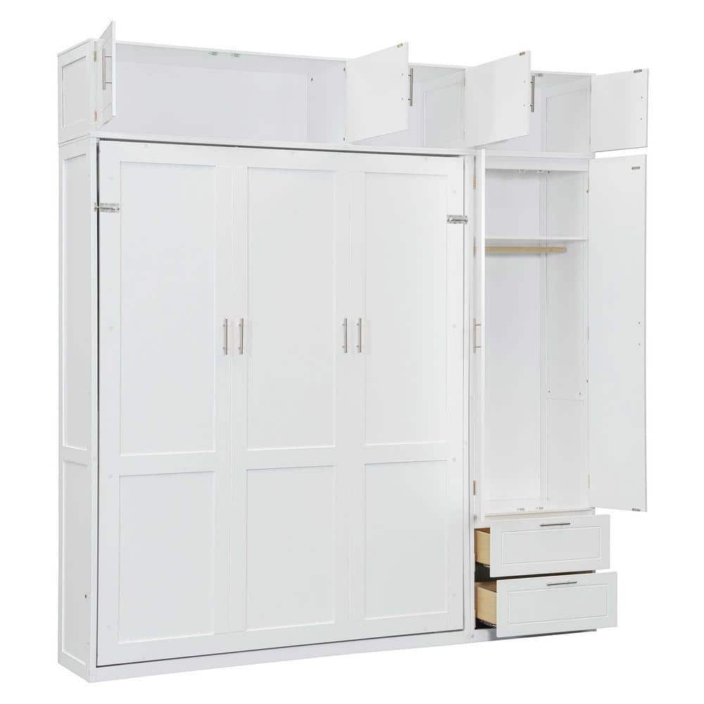 White wood Murphy bed unit with integrated storage and shelving shown in an open position.