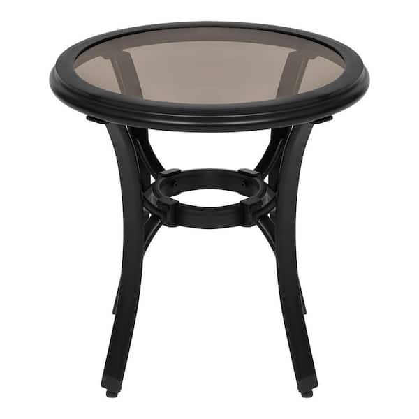 Home Decorators Collection 20 in. Wyndover Black Round Aluminum Glass Top Outdoor Side Table