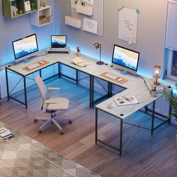 L Shaped Home Office Desk with Power Outlets, Corner Computer Desk