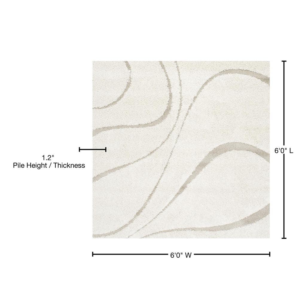 Ivory 6' Square Shag Rug with Abstract Pattern