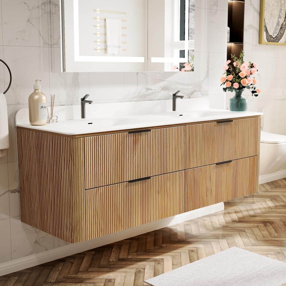 AZDHOME 60 in. Wall-Mounted Bathroom Vanity in Oak Finish with
