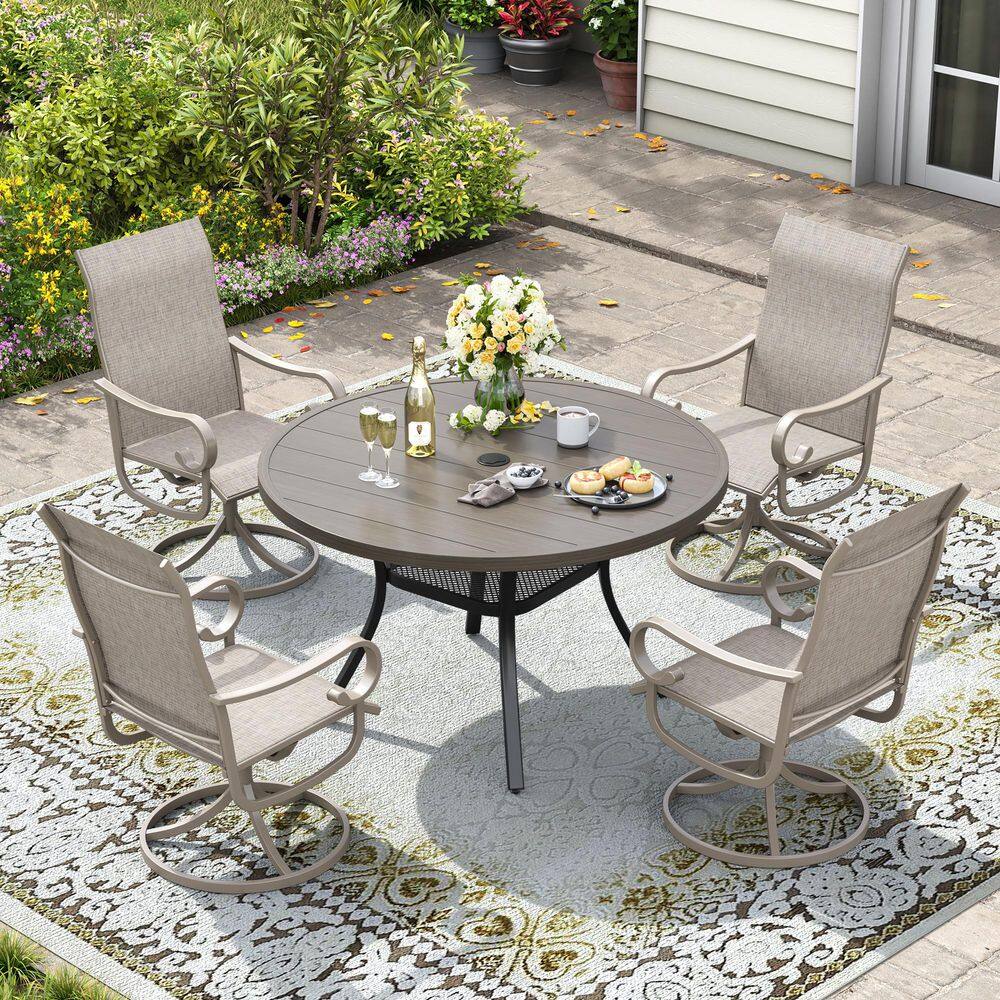 5 Piece Metal Patio Dining Set with 40.6 in. Gray Wood-Like Round Dining Table and 4 Sandshell Swivel Dining Chairs price history on PriceWatchPro