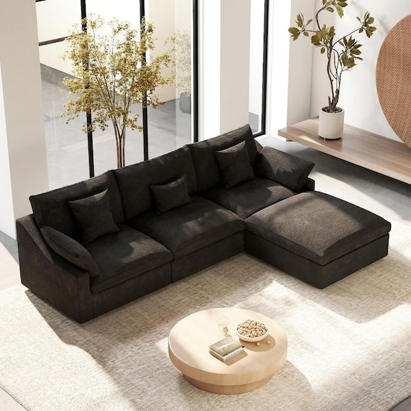 119 in. Square Arm Linen 4-Piece Free Combination Comfy Couch Cloud Modular Sectional Sofa with Ottoman in Black