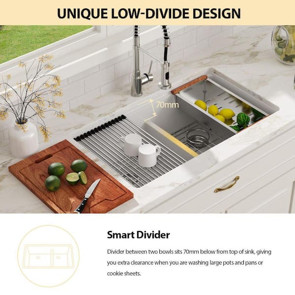 Logmey 33 in. White Undermount Workstation Sink Low Divide Double