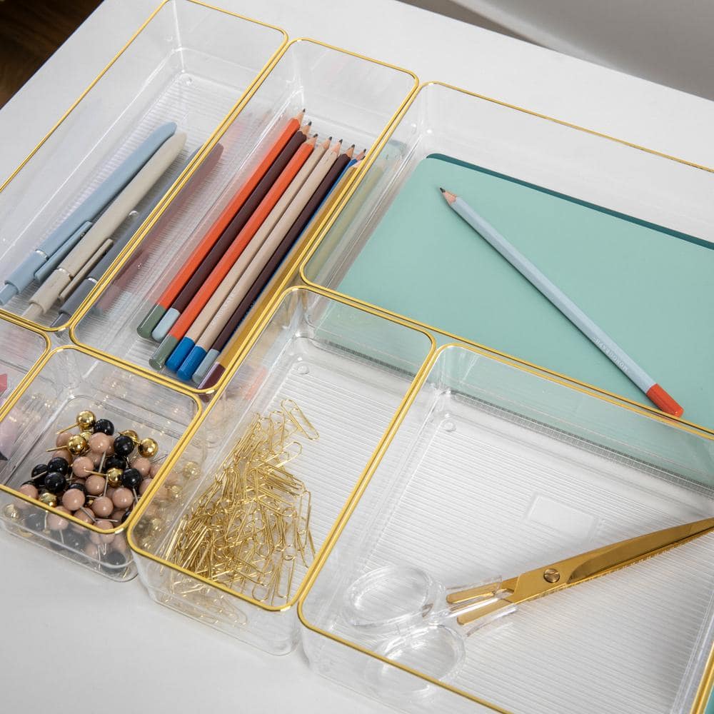 Martha Stewart Clear Plastic Stackable Desk Drawer Organizers with Gold Trim, Set of 8