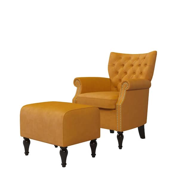 Handy Living Margaux Mustard Gold Chair Tufted Depot Ottoman and Button Arm Home - A153102 Set The Rolled Velvet