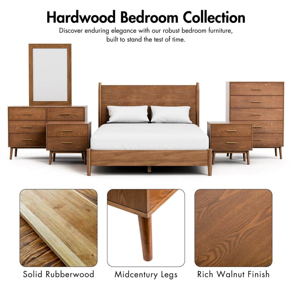 Walnut Brown Mid-Century Modern 5-Drawer Chest with Brass Handles