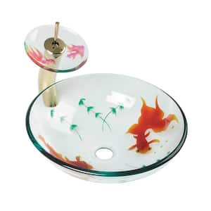 Koi Fish 16-1/2 in. Round Glass Vessel Bathroom Sink Combo Clear Design with Brass Waterfall Faucet