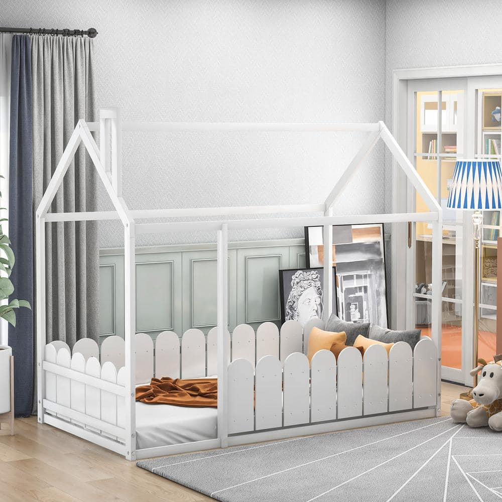 Harper & Bright Designs White Twin Size Wood House Bed with Fence ...