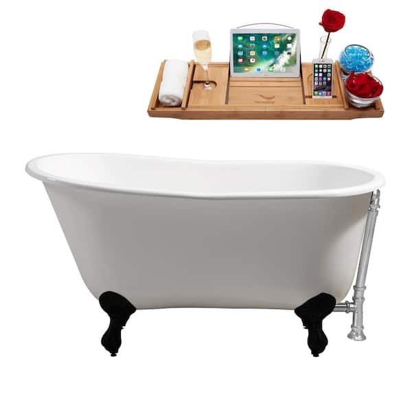 Streamline 53 in. x 28 in. Cast Iron Clawfoot Soaking Bathtub in Glossy White with Matte Black Clawfeet and Polished Chrome Drain