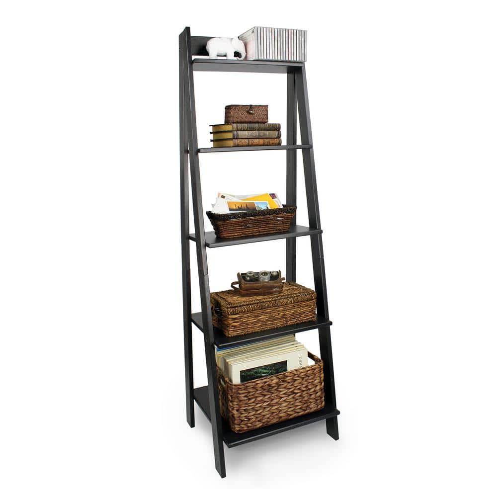 Sleek Black Solid Wood 5-Shelf Freestanding Ladder Bookcase