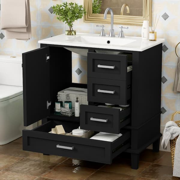 Modern 30" Black Bathroom Storage Cabinet with Sink Combo Set,Soft Closing Door and 3 Drawers