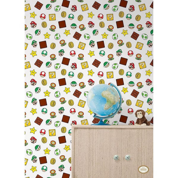 Yellow Nintendo Super Mario Power Up Icons Red and Green Peel and Stick Wallpaper Roll