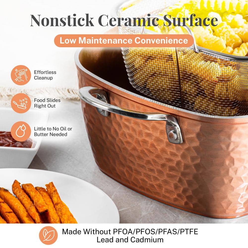 Hammered Copper 9.5-Inch Aluminum Nonstick Deep Frying Pan Set with Lid