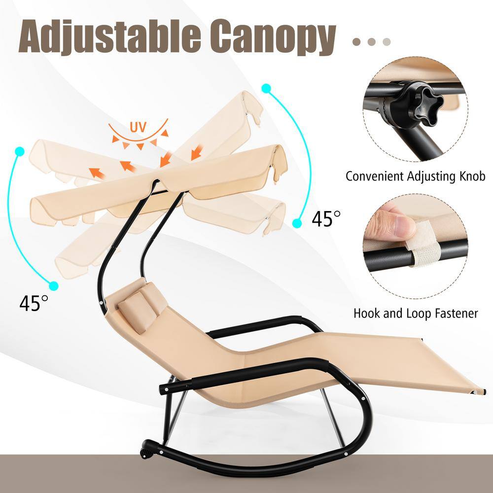Beige Metal Outdoor Rocking Chaise Lounge with Adjustable Canopy