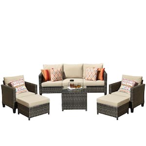 Megon Holly Gray 6-Piece Wicker Outdoor Patio Conversation Seating Set with Beige Cushions