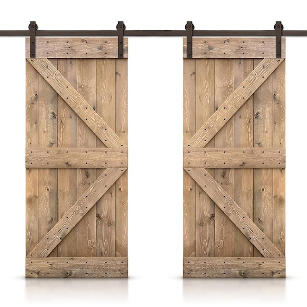 CALHOME K 72 in. x 84 in. Light Brown Stained DIY Solid Pine Wood Interior Double Sliding Barn Door with Hardware Kit
