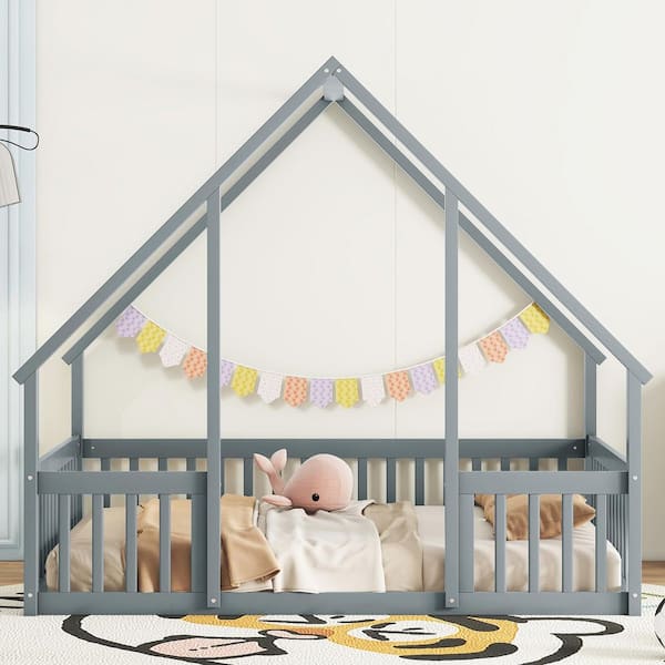 May Grey Full Size House Kids Bed, Floor Bed with Roof Design and Headboard, Footboard, Guardrails