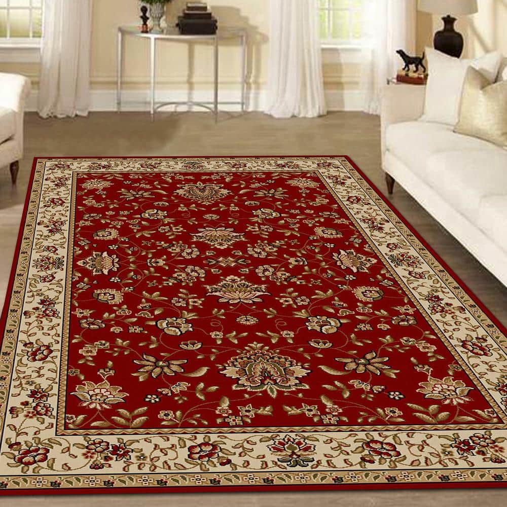 Traditional Red and Beige Synthetic 5' x 7' Area Rug