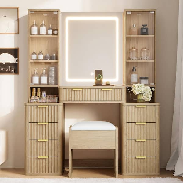 Oak Fluted Makeup Vanity Set with Mirror, Lights, 2-Transparent Glass Cabinets and Charging Station, with Stool