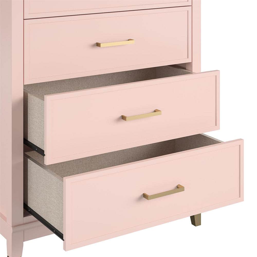 Pale Pink Vertical 4-Drawer Dresser with Gold Accents