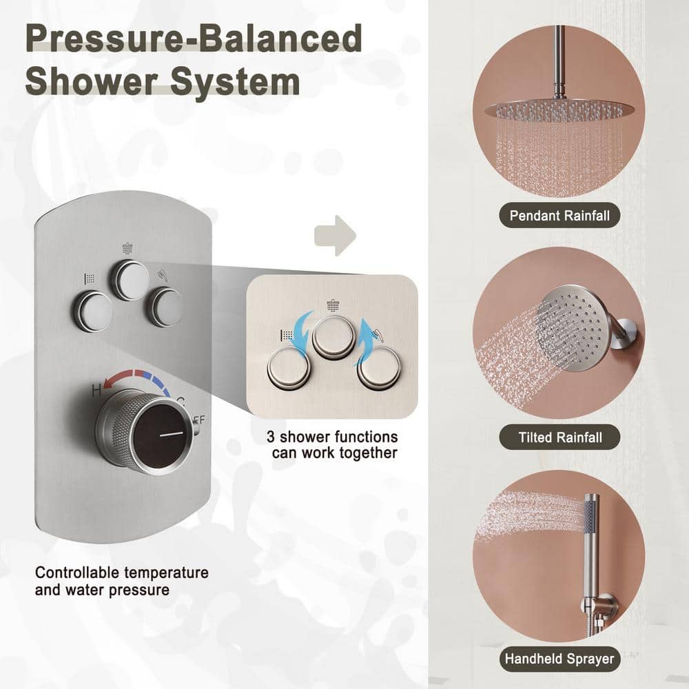Brushed Nickel Dual Rainfall and Handheld Shower System with 12-inch Ceiling Mount