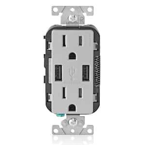 3.6 Amp USB Dual Type A In-Wall Charger with 15 Amp Tamper-Resistant Outlets, Light Gray