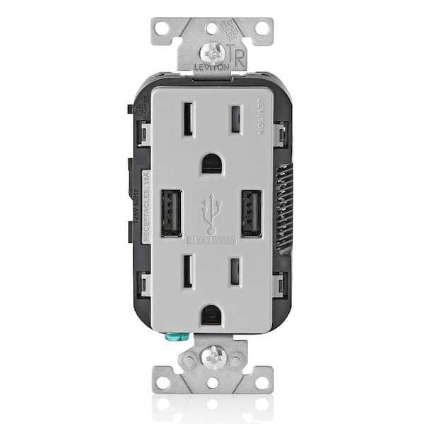Leviton 3.6 Amp USB Dual Type A In-Wall Charger with 15 Amp Tamper-Resistant Outlets, Light Gray