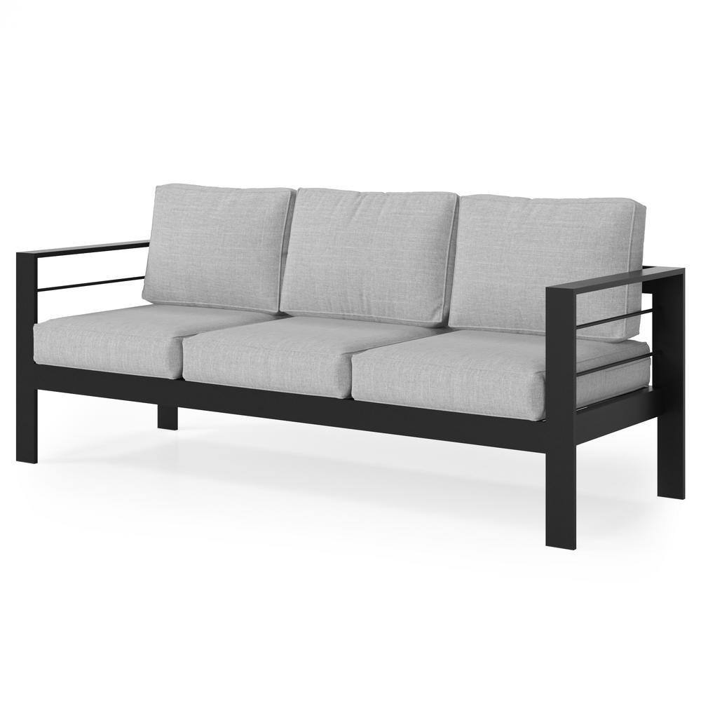 Black 3-seat outdoor aluminum couch with light gray cushions.